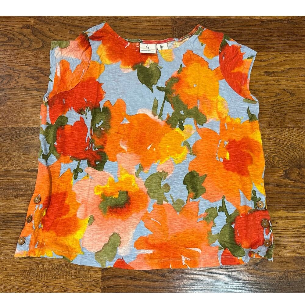 Joie Orange Floral Linen Blend Top Women’s Large Crewneck Casual Boho Chic